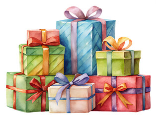 Stack of gifts, watercolor clipart illustration isolated on transparent background