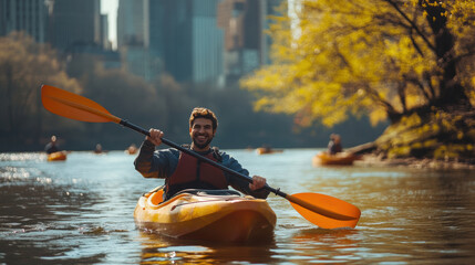 A man kayaking in water with background of city skyscrapers