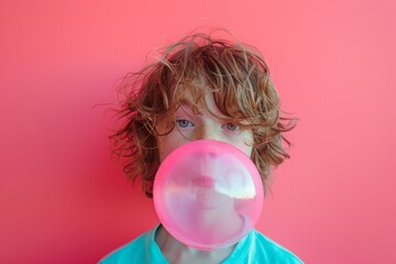 A curly-haired boy is captured blowing a large bubble with gum, set against a vibrant pink background, his serious expression adding a comedic touch.