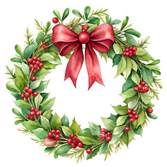 Fototapeta premium Christmas wreath with mistletoe leaves and bow, watercolor clipart illustration isolated on transparent background