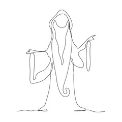 Continuous single line sketch drawing of wizard witch cloak hat halloween costume do magic trick one line vector illustration