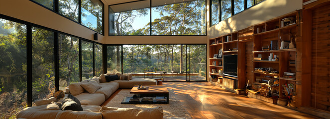 Stunning Australian Living Room Overlooking Bush Treetops Through Glass Walls