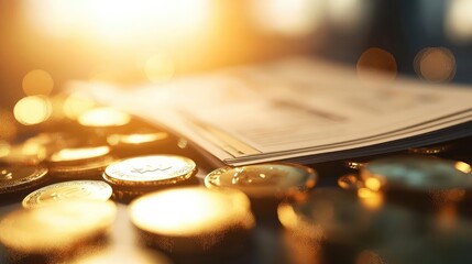 Obraz premium A close-up of coins and a newspaper, illuminated by warm sunlight, symbolizing finance and economic growth.