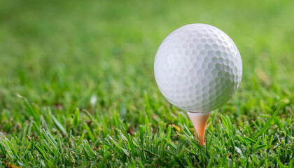 Fototapeta premium A white golf ball sits on a tee stuck in a green grass field