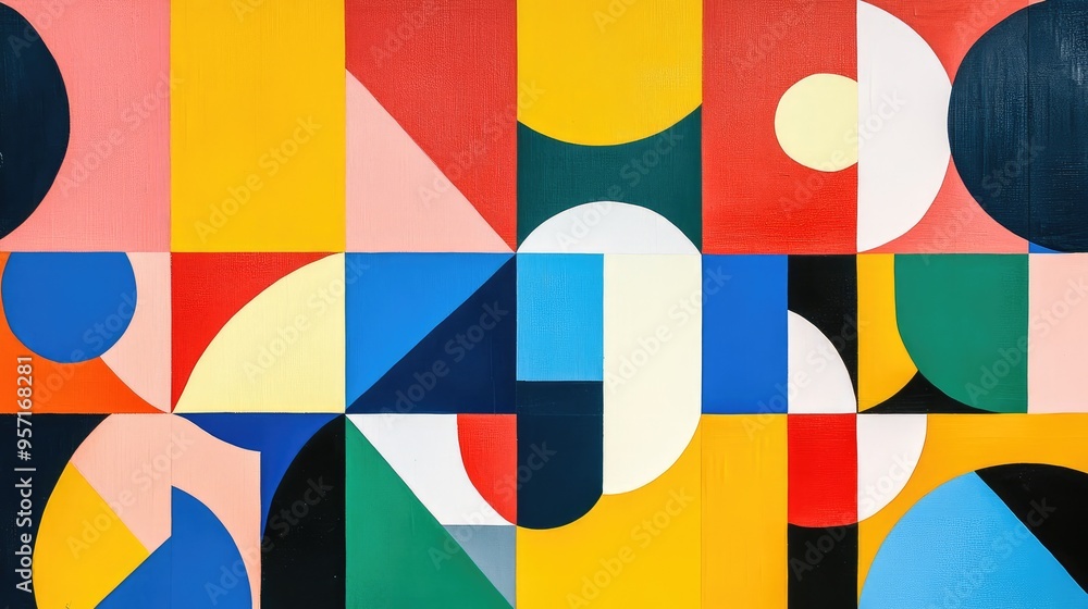 Poster abstract geometric shapes in bold primary colors, arranged in a balanced, symmetrical pattern, creat