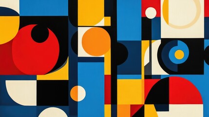 Abstract geometric shapes in bold primary colors, arranged in a balanced, symmetrical pattern, creating a modern, minimalistic design