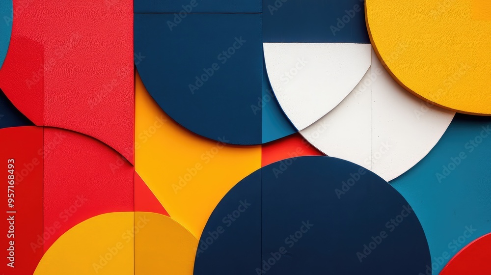 Poster abstract geometric shapes in bold primary colors, arranged in a balanced, symmetrical pattern, creat