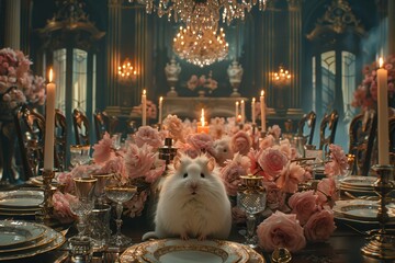 A white hamster sits at a table set for a formal dinner, surrounded by pink roses and candles, in a grand dining room
