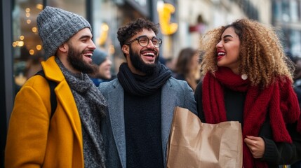 Fototapeta premium Friends enjoying Black Friday shopping together in an urban setting filled with holiday spirit