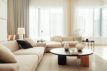A light-filled, minimalist living room featuring neutral-toned sofas and simple yet elegant decor, evoking a sense of calm and sophistication.