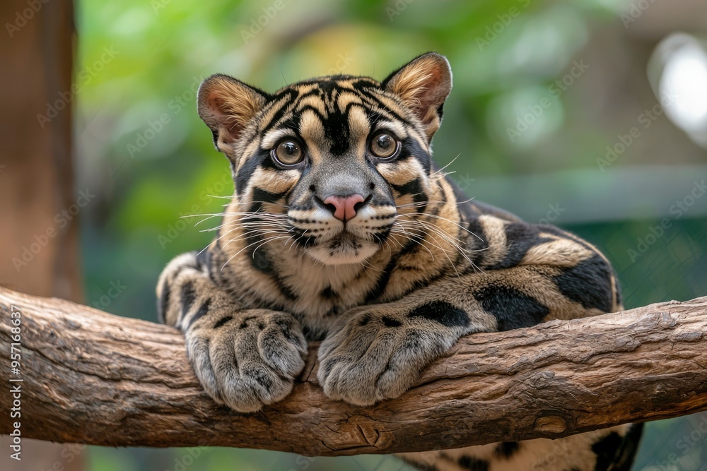 Poster close-up portrait of a clouded leopard resting on a branch