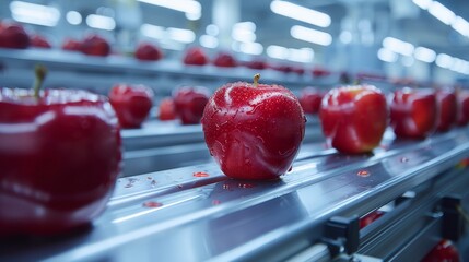 Shiny red apples on conveyor belt highlighting mechanized fruit sorting and production process