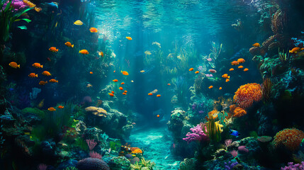 Obraz premium Panoramic view of underwater world with tropical fish
