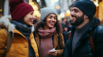 Fototapeta premium Group of friends enjoying Black Friday discounts while chatting and laughing in the city