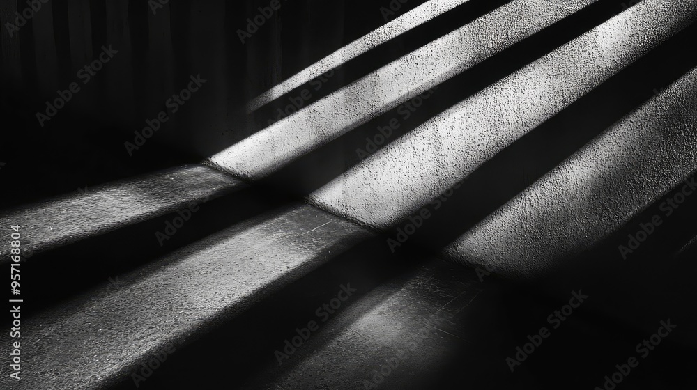 Poster abstract patterns of light and shadow, in shades of black and white, creating a striking, high-contr