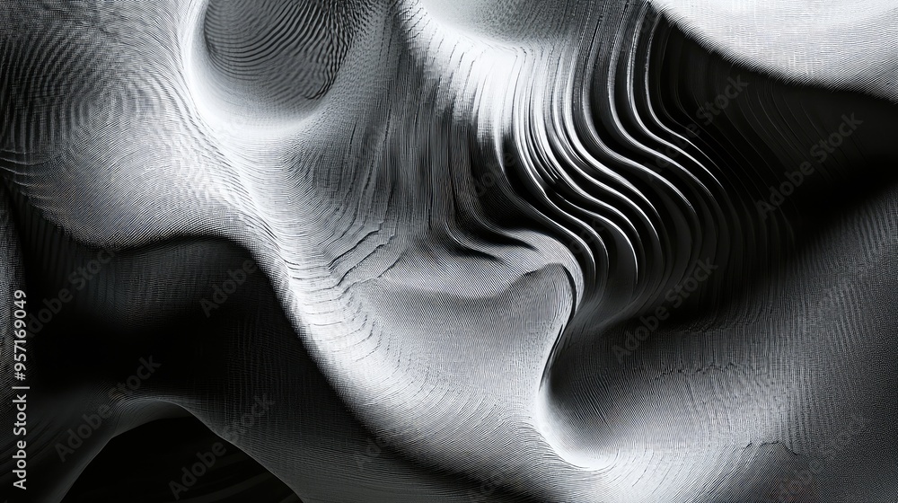 Poster abstract patterns of light and shadow, in shades of gray and black, creating a striking, high-contra