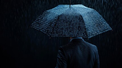 A businessman holding an umbrella made of binary code to shield from a rain of risk symbols, Surreal, Blue Tones, Photorealistic