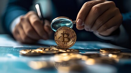 A businessperson using a magnifying glass to examine digital currency with hidden risks