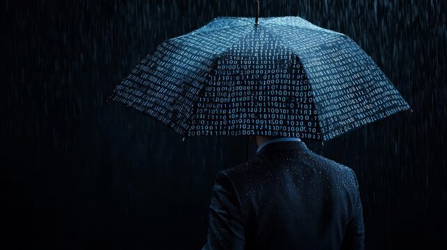 A businessman holding an umbrella made of binary code to shield from a rain of risk symbols, Surreal, Blue Tones, Photorealistic