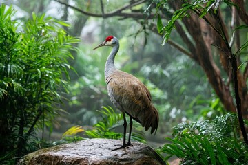 Sandhill Crane Standing on a Rock in the Rain