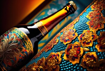 Fototapeta premium vibrant beer bottle displayed brightly patterned background featuring bold colors intricate designs, colorful, art, graphic, modern, creative, texture, pop