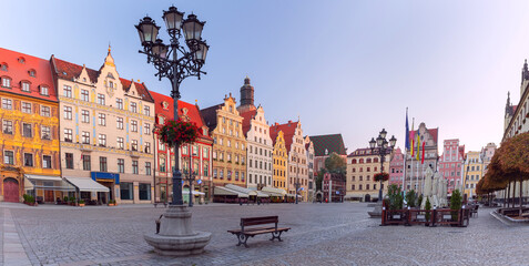 Panoramic view of Market Square in Wroclaw, Poland, with colorful old town facades