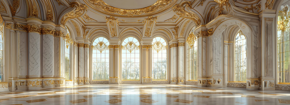 Opulent Palace Interiors: Elegant Castle Hall, Luxurious Ballroom, and Golden Chandelier in 2D Illustration Background