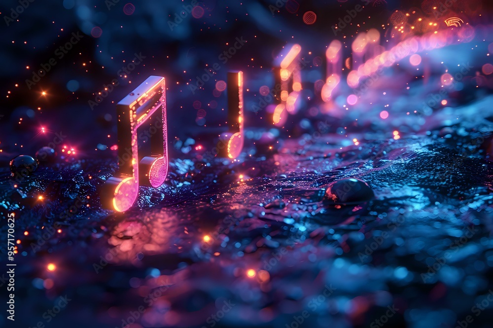 Poster an abstract scene featuring glowing music notes floating above sparkling lights, representing creati
