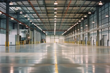 A vast, empty warehouse illuminated by rows of overhead lights, reflecting off the polished floors and creating an expansive view.