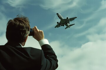 A man in a suit with binoculars observes an airplane ascending against a backdrop of clear, blue sky.