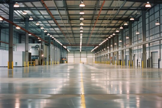 A vast, empty warehouse illuminated by rows of overhead lights, reflecting off the polished floors and creating an expansive view.