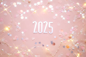 New Year 2025 pink background. Number of the coming year in Christmas decoration.