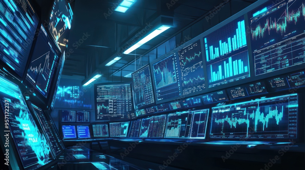 Poster trading room with multiple screens displaying financial data