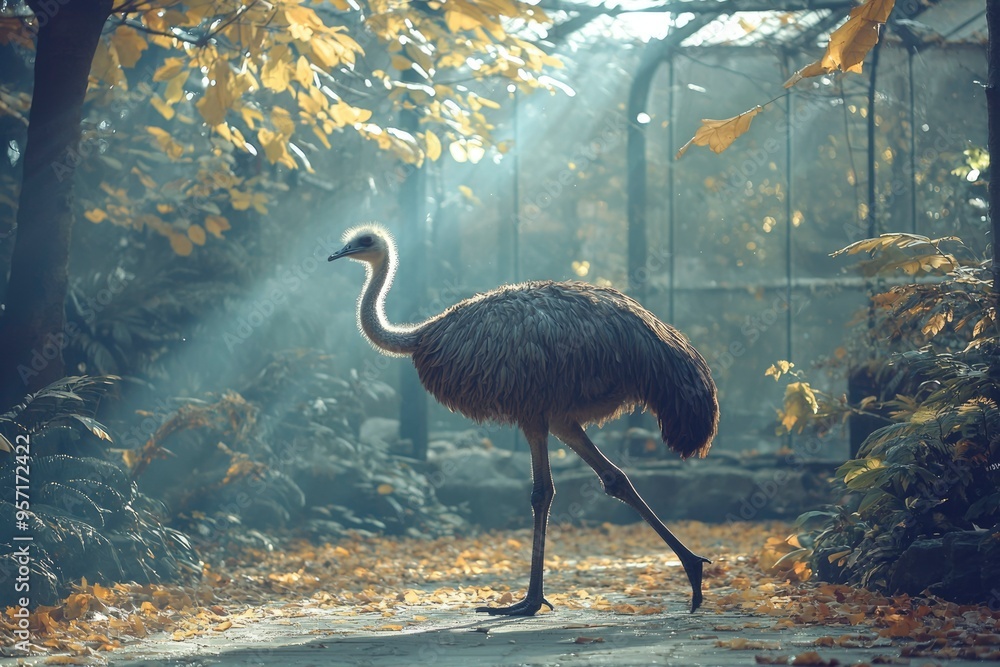 Poster a rhea bird walking through a forest path with fallen leaves