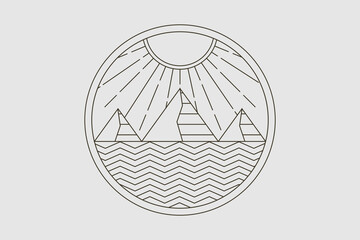 A minimalist vintage-inspired logo featuring mountains, sea waves, sun, and moon in a clean line art outline, representing the timeless beauty of nature