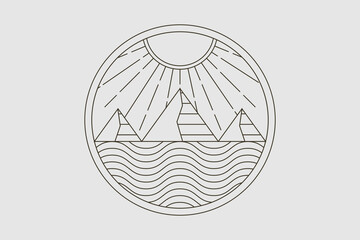 A vintage-style outline design with mountains, waves, sun, and moon, capturing the serenity and harmony of earth, water, and sky in a simple composition