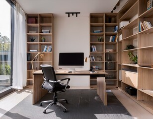 Modern office interior with desk, computer, and bookshelves, minimalist design