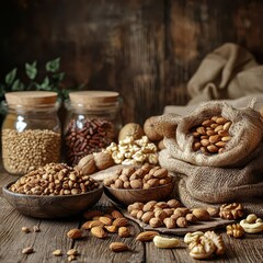 Naklejka premium Fresh organic nuts, rustic kitchen table, illustration