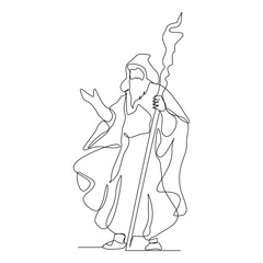 Continuous single line sketch drawing of wizard witch cloak hat halloween costume do magic trick one line vector illustration