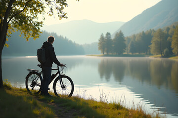 Obraz premium boy with a bicycle standing next to a small lake