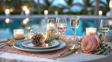 Elegant Outdoor Dining Setup with Tropical Backdrop and Festive Touches