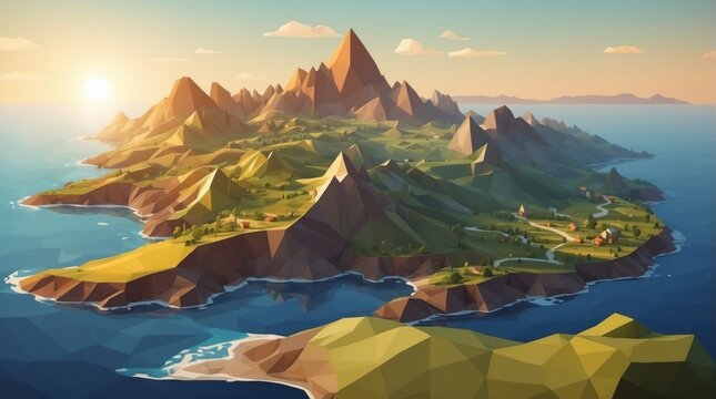 Beautiful illustration low poly style landscape mountains and seas