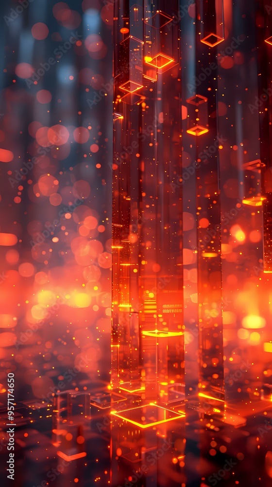 Poster a glowing, futuristic scene with floating orange cubes and digital light effects, creating an abstra