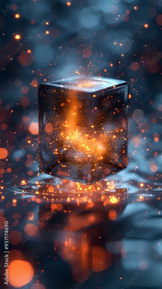 Poster a glowing cube surrounded by abstract particles and soft bokeh lights creates a futuristic and mysti