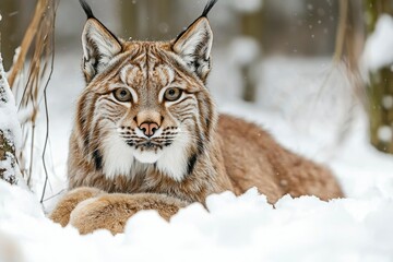 Obraz premium A Lynx Resting In The Snow