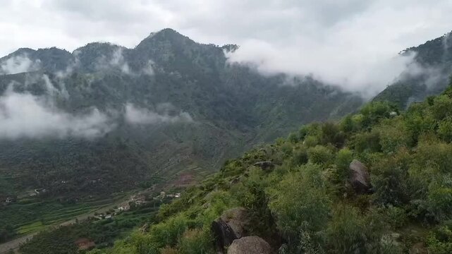 Drone view of beautiful valley and green mountains of karhakarh Buner kpk pakistan 