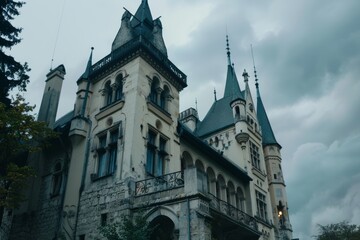 Fototapeta premium An imposing Gothic-style mansion with tall spires and ornate stonework, shown under a gloomy sky.