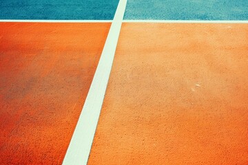 A vibrant, abstract view of a sports court with intersecting white lines on bold blue and orange sections, creating a dynamic and energetic feel.