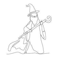 Continuous single line sketch drawing of wizard witch cloak hat halloween costume do magic trick one line vector illustration