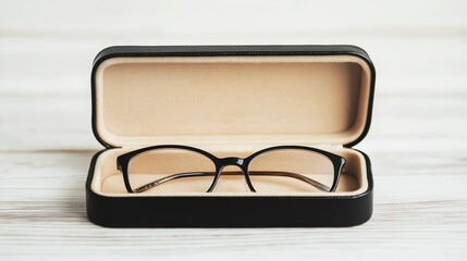 Elegant and fashionable black retro eyeglasses neatly placed inside a sleek black case on a clean white background for display